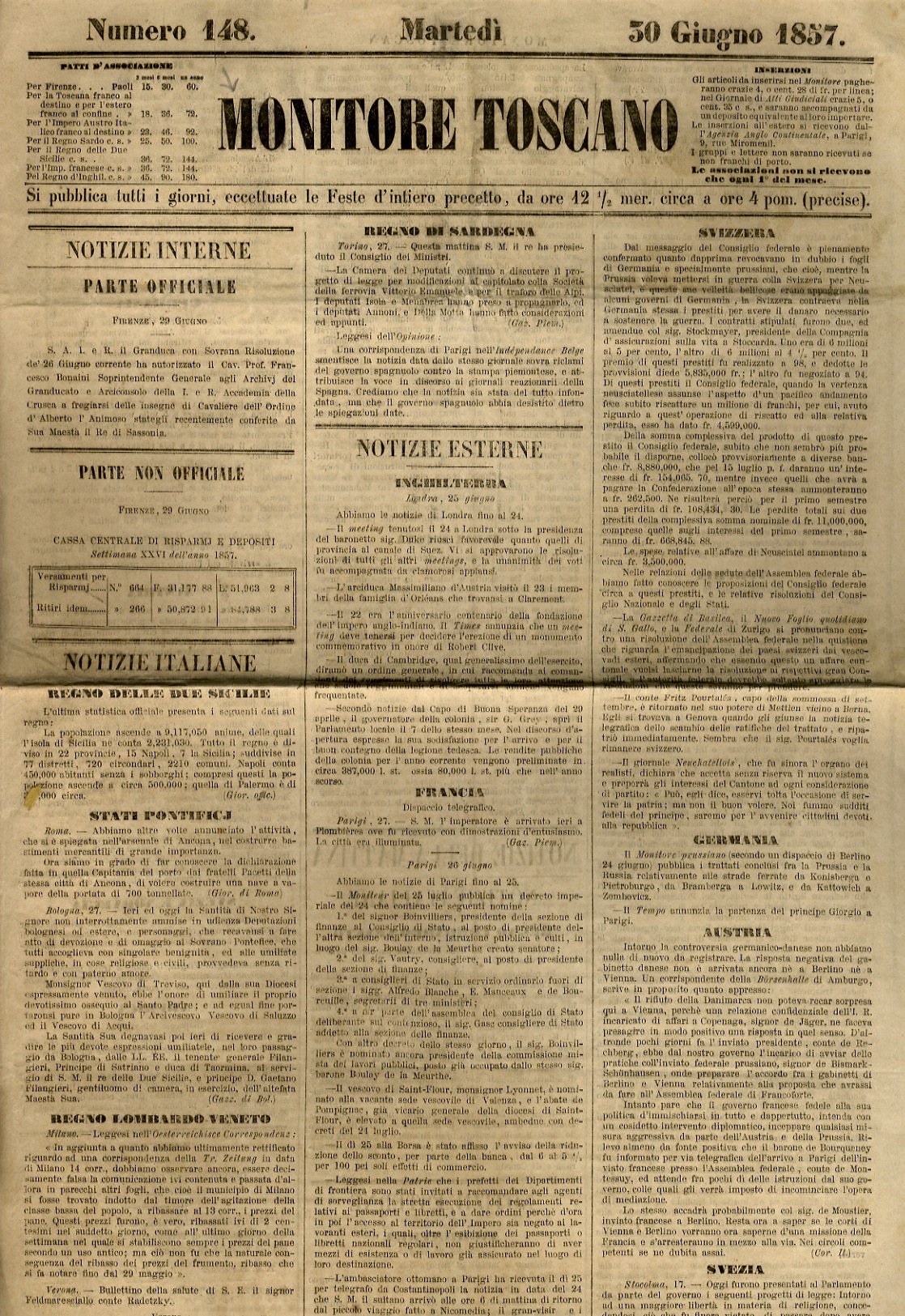 MONITORE Toscano. Numero 148. Martedì 30 giugno 1857.