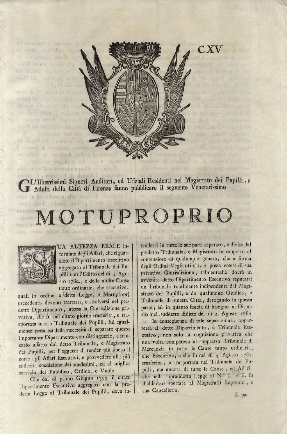 “Motuproprio”. Sua Altezza Reale. Informata degli Affari, che riguardano il …