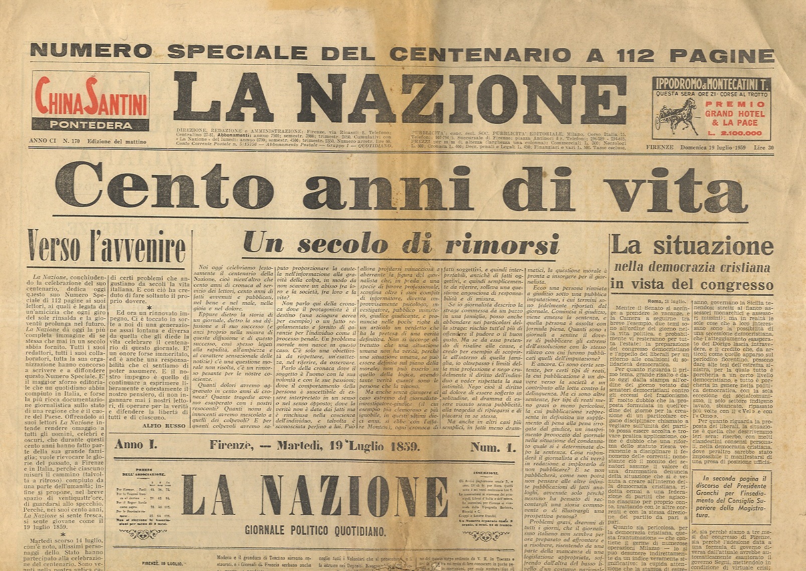 Nazione (La). Numero speciale del Centenario a 112 pagine. Anno …