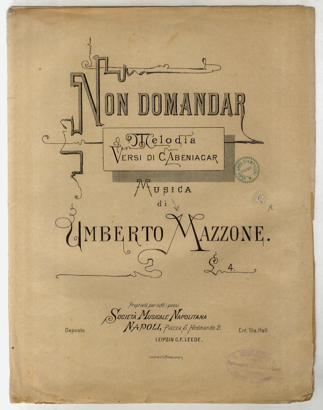 Non domandar. Melodia. Versi di C. Abeniacar. Musica di Umberto …