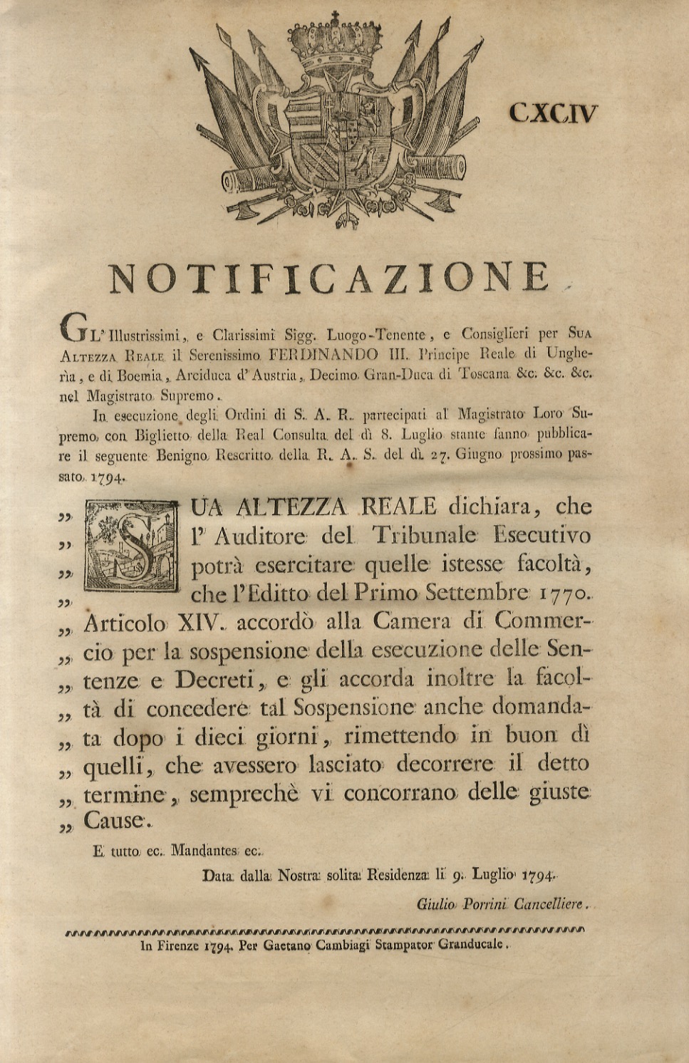 “Notificazione”. Ferdinando III. Principe Reale di Ungheria, e di Boemia. …