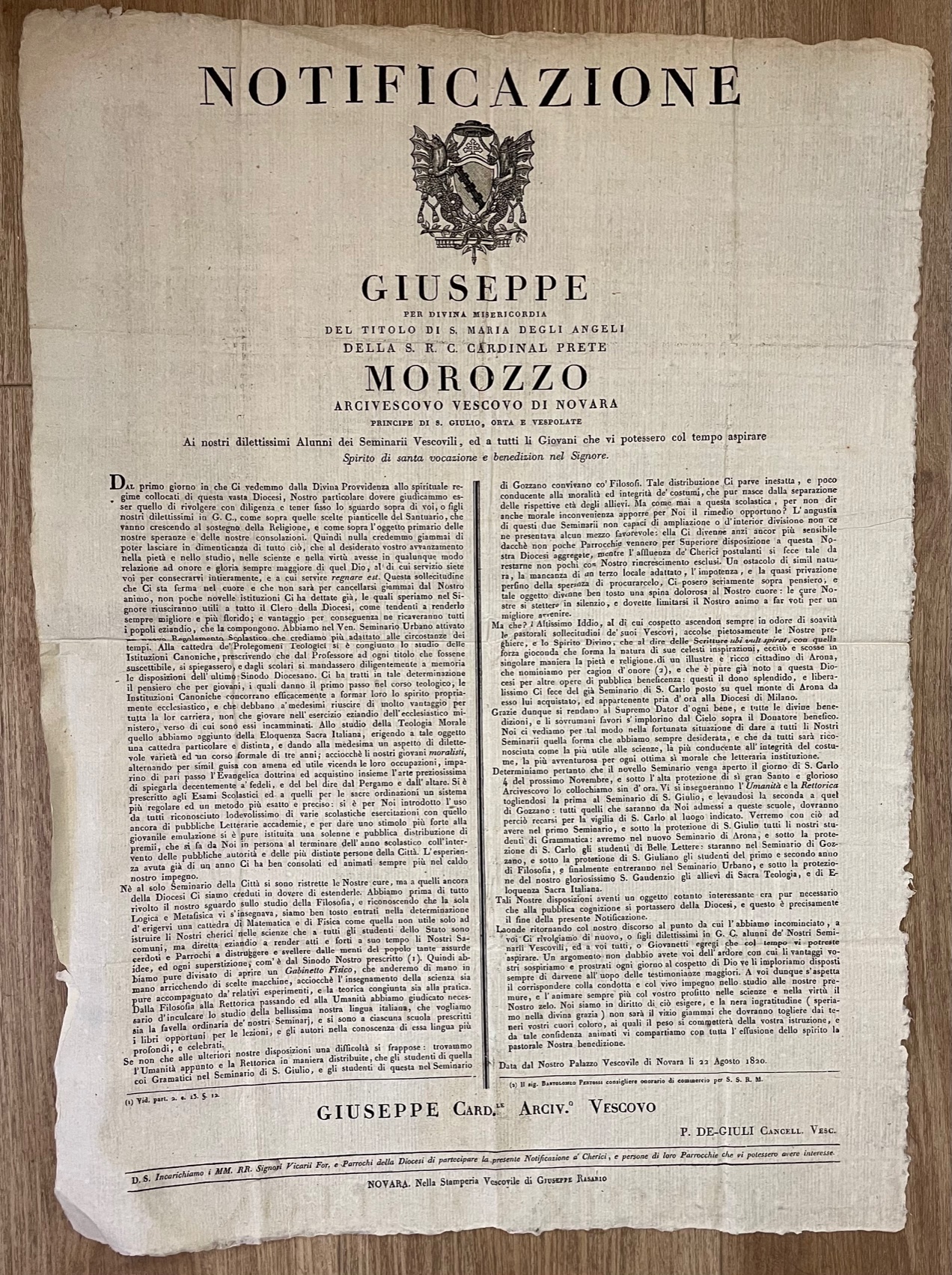 Notificazione. Giuseppe per Divina Misericordia del titolo di S. Maria …