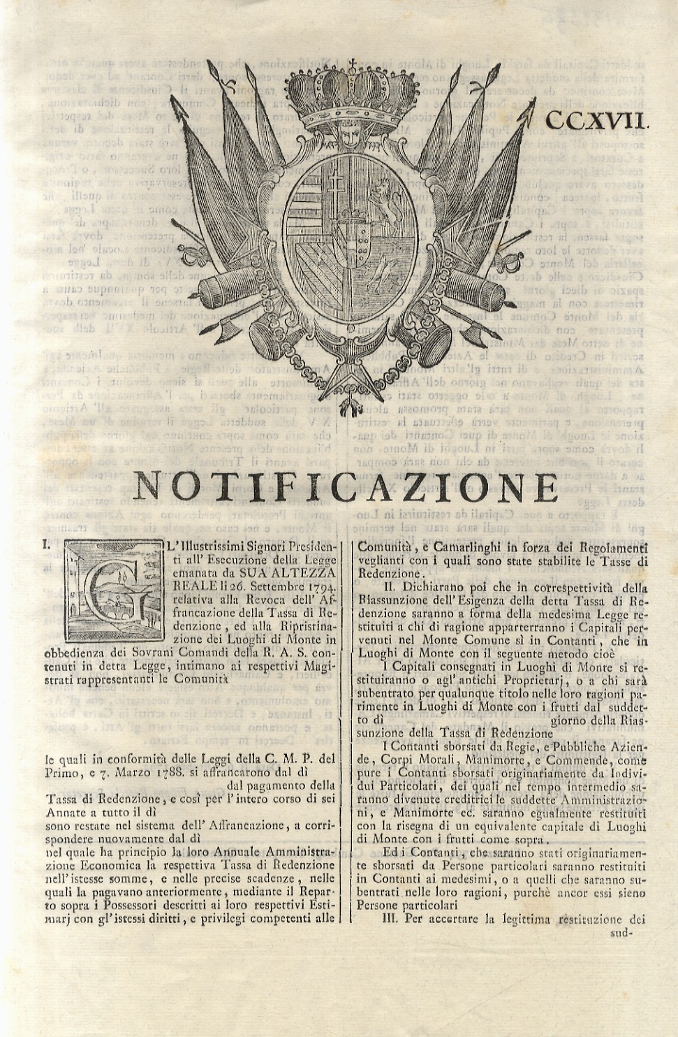 “Notificazione”. I Contanti sborsati da Regie, e Pubbliche Aziende, Corpi …