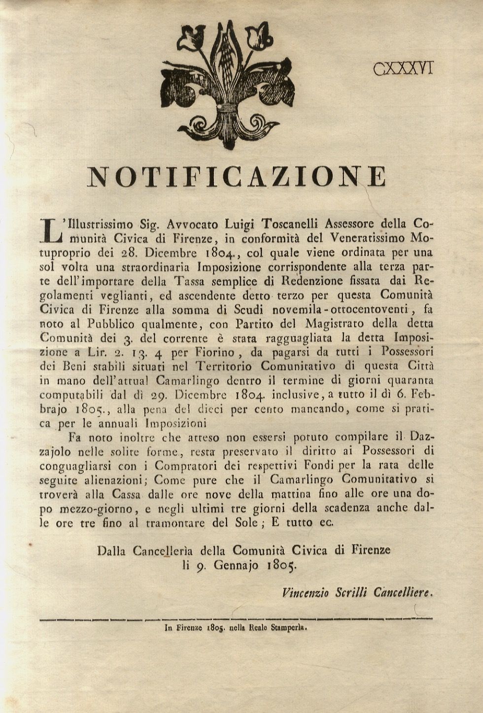 “Notificazione”. L'Illustrissimo Sig. Avvocato Luigi Toscanelli Assessore della Comunità Civica …