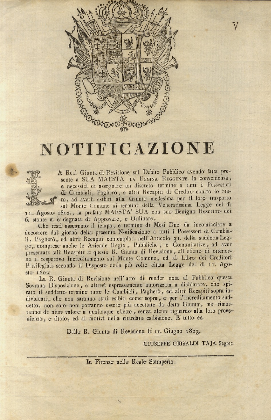 “Notificazione” per la Comunità del Contado fiorentino”. La Real Giunta …