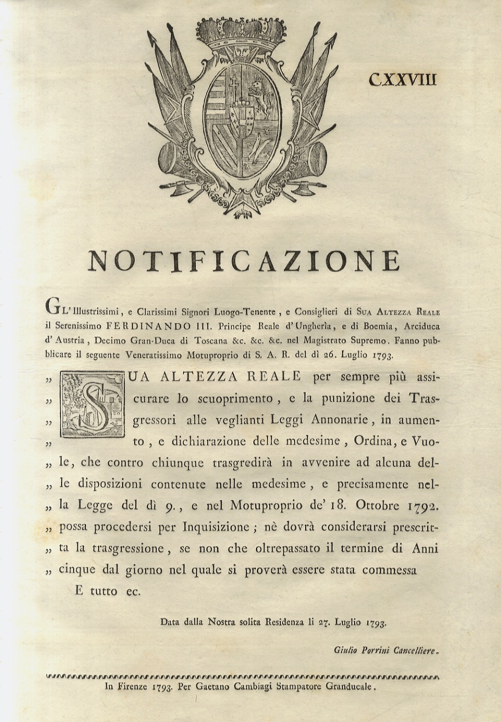 “Notificazione”. S.A.R. Ferdinando III. Principe Raele d'Ungheria, e di Boemia, …