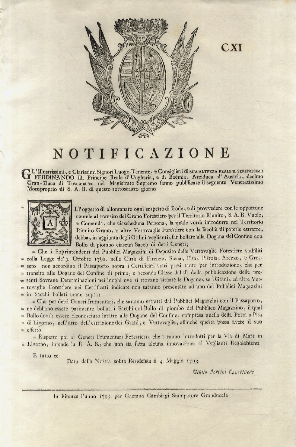 “Notificazione”. S.A.R. Ferdinando III. Principe Reale d'Ungheria, e di Boemia, …