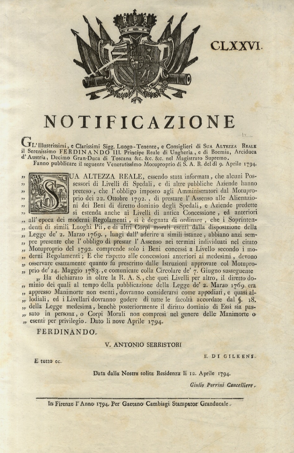 “Notificazione”. S.A.R. Ferdinando III. Principe Reale di Ungheria, e di …