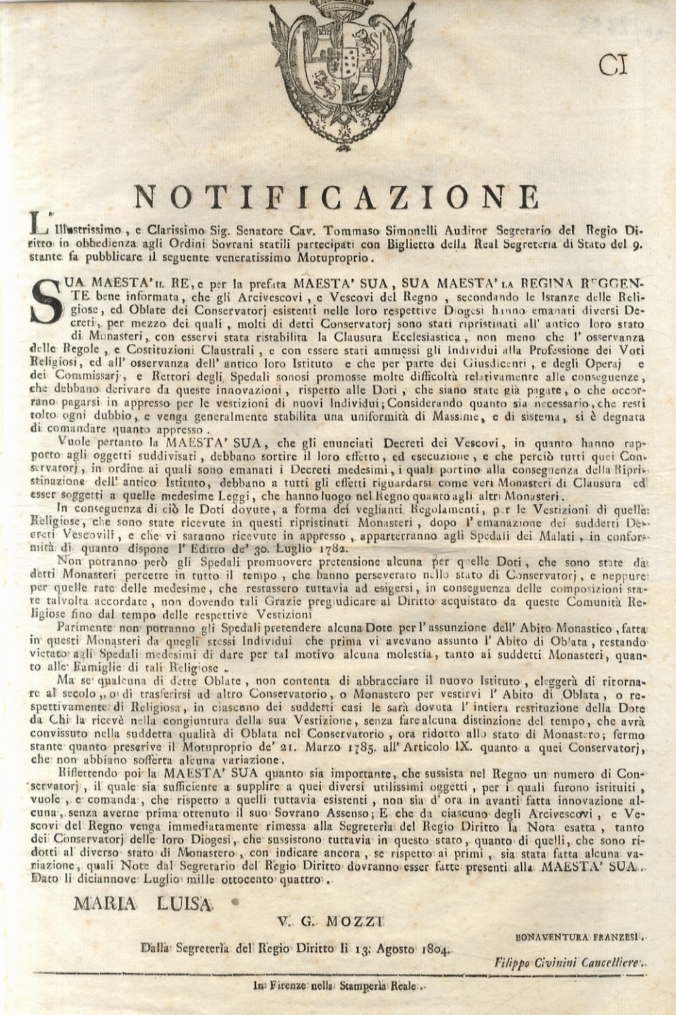 “notificazione”. S.M. il Re, e per la prefata M.S., S.M. …