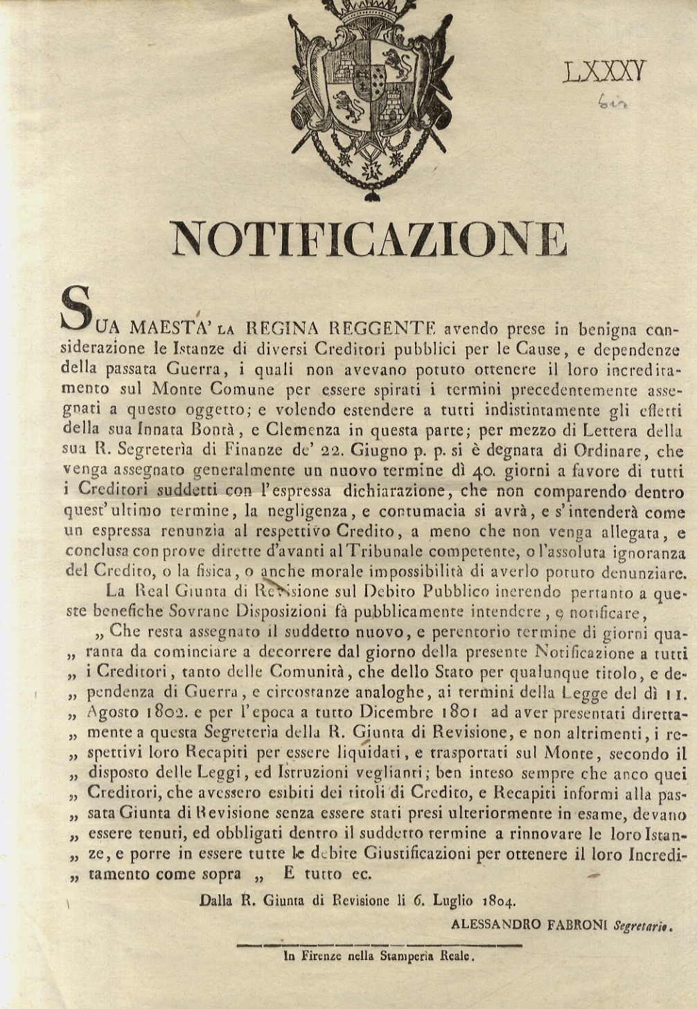 “Notificazione”. S.M. La Regina Reggente, avendo prese in benigna considerazione …