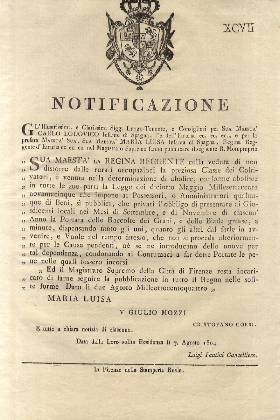 “Notificazione”. S.M. La Regina Reggente. Colla veduta di non distorre …