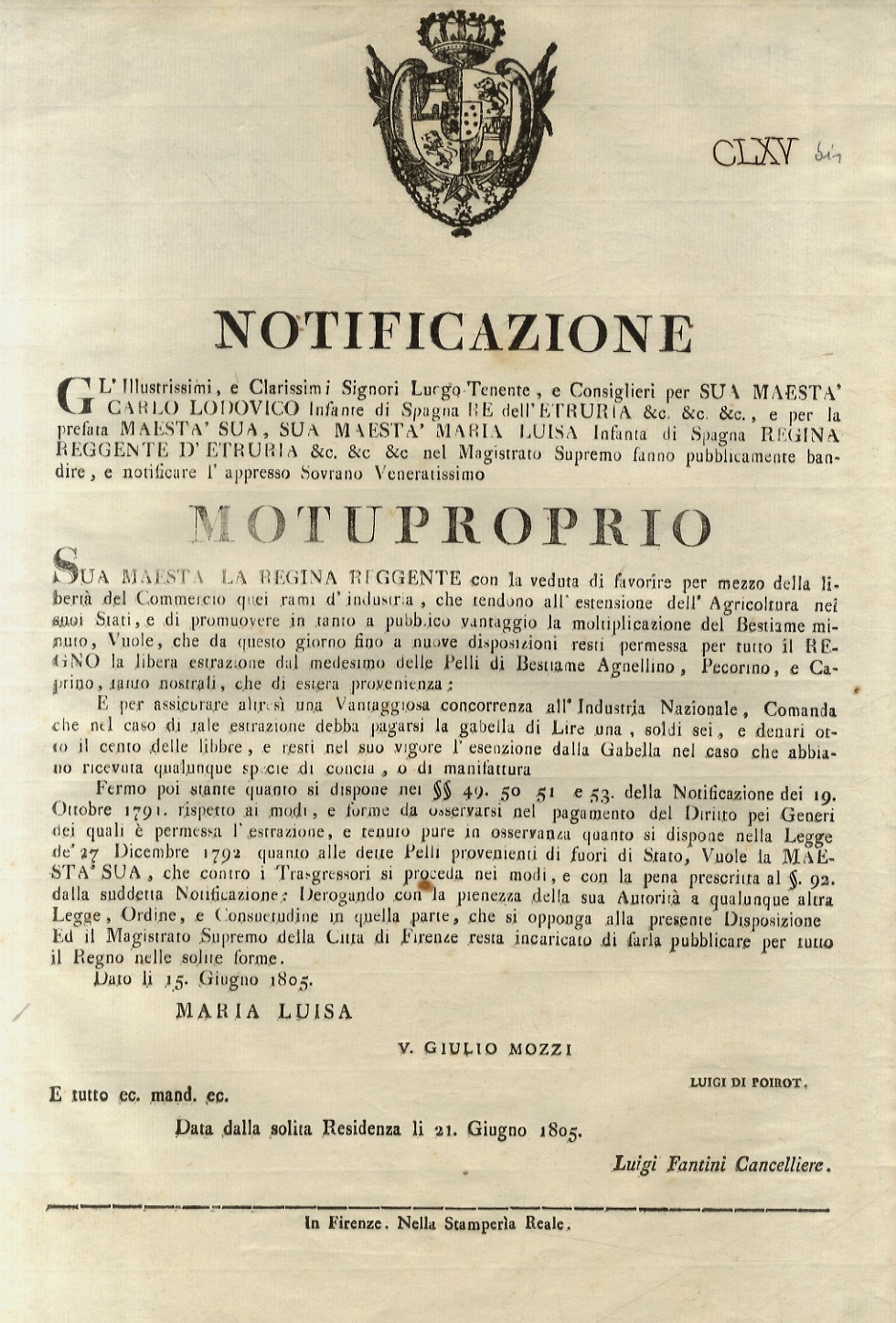 “Notificazione”. S.M. la Regina Reggente con la veduta di favorire …