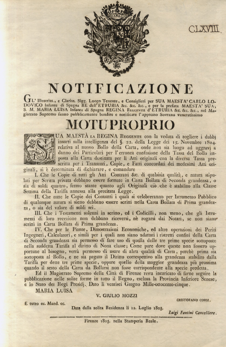 “Notificazione”. S.M. la Regina Reggente con la veduta di togliere …