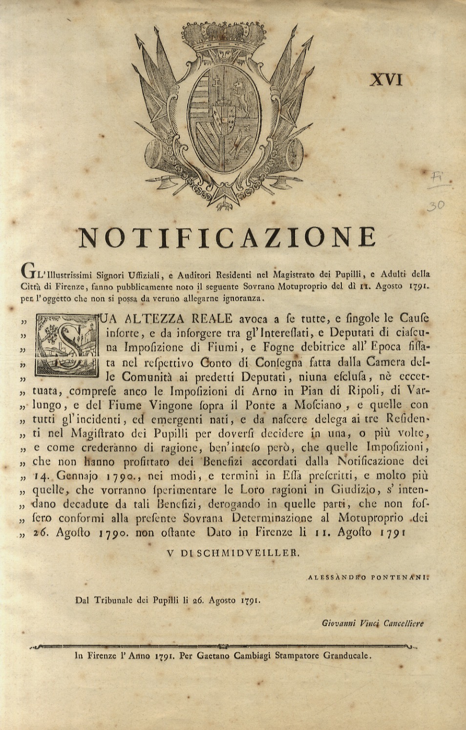 “Notificazione”. Sua Altezza Reale Avoca a se tutte le Cause …