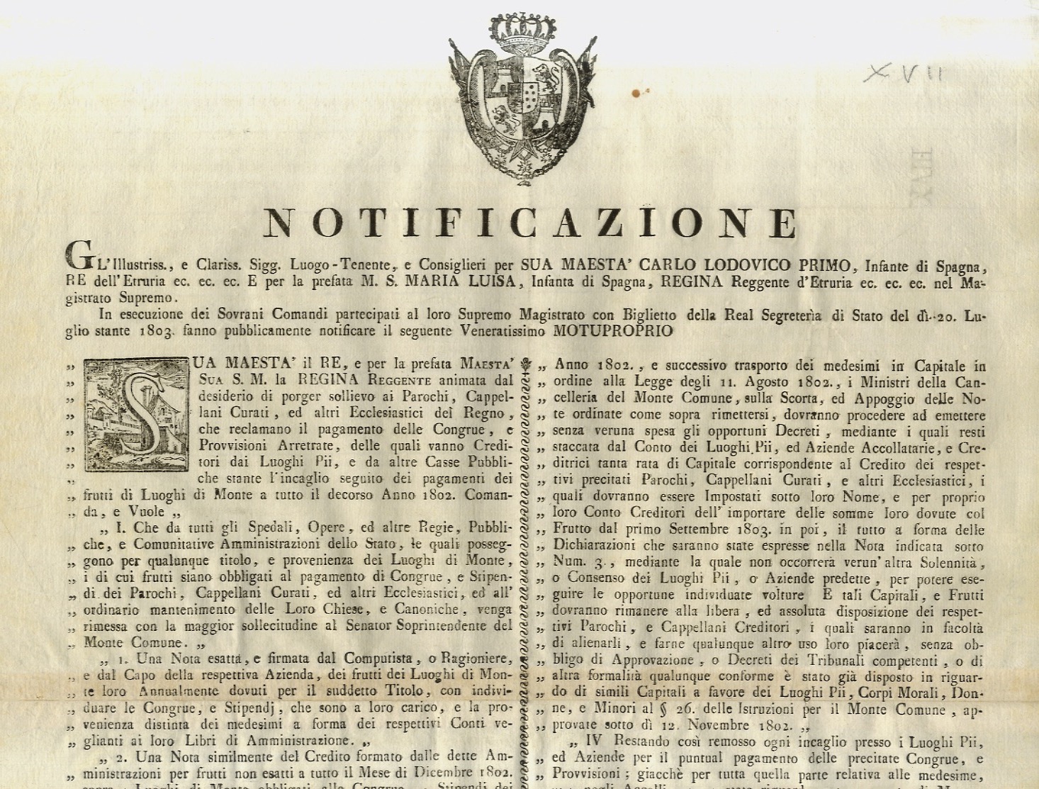 “Notificazione”. Sua Maestà il Re, e per la prefata Maestà …