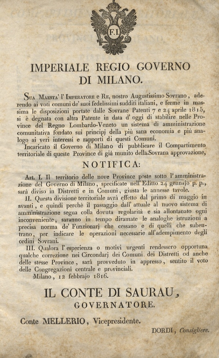 notifiche dell'Imperiale Regio Governo di Milano a cura del Governatore …