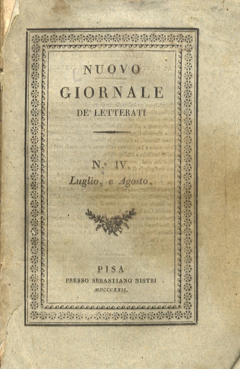 NUOVO giornale de' letterati. N. IV: luglio e agosto 1822. …
