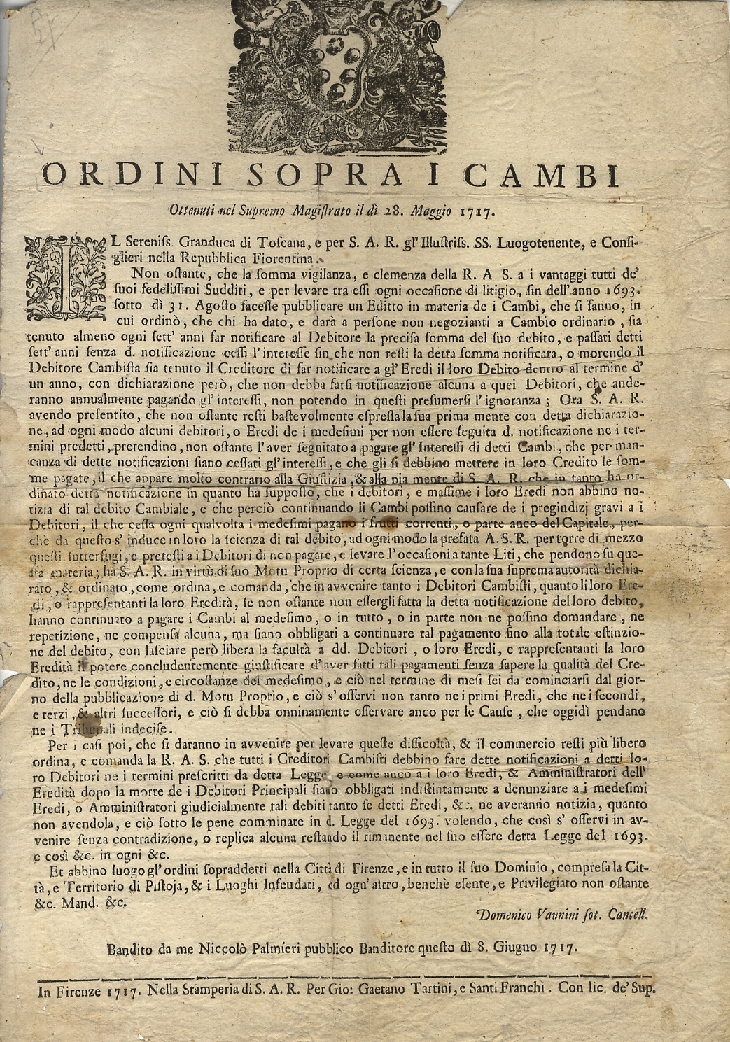 ORDINI sopra i cambi ottenuti nel Supremo Magistrato il dì …