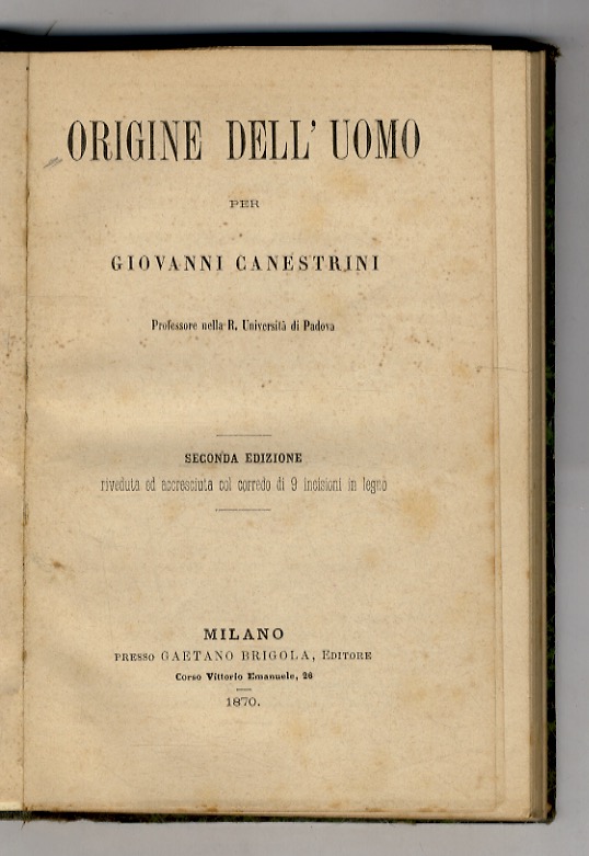 Origine dell'uomo. Seconda edizione riveduta ed accresciuta col corredo di …