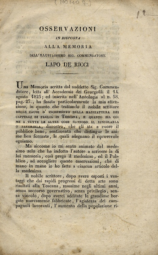 Osservazioni in risposta alla memoria dell'ilustrissimo sig. commendatore Lapo De …