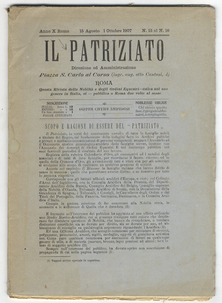 PATRIZIATO (IL). Anno X. N. 13 al n. 16. 15 …