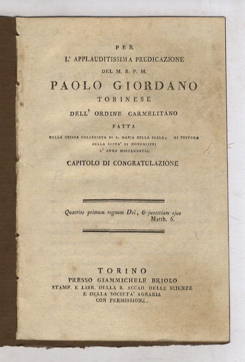 PER l'applauditissima predicazione del m.r.p.m. Paolo Giordano torinese dell'Ordine carmelitano, …