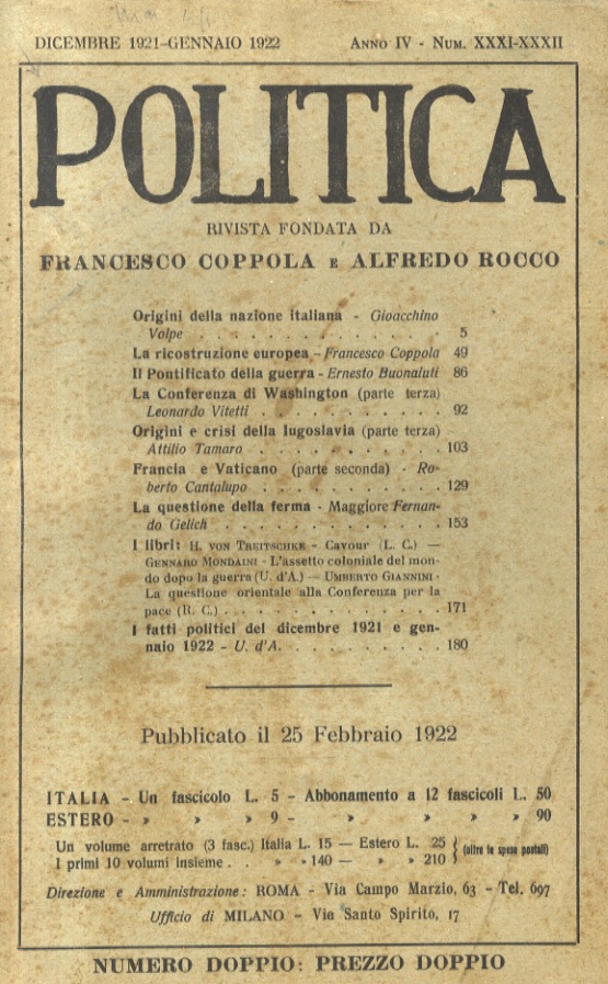 POLITICA. Rivista diretta da Francesco Coppola e Alfredo Rocco. Vol. …
