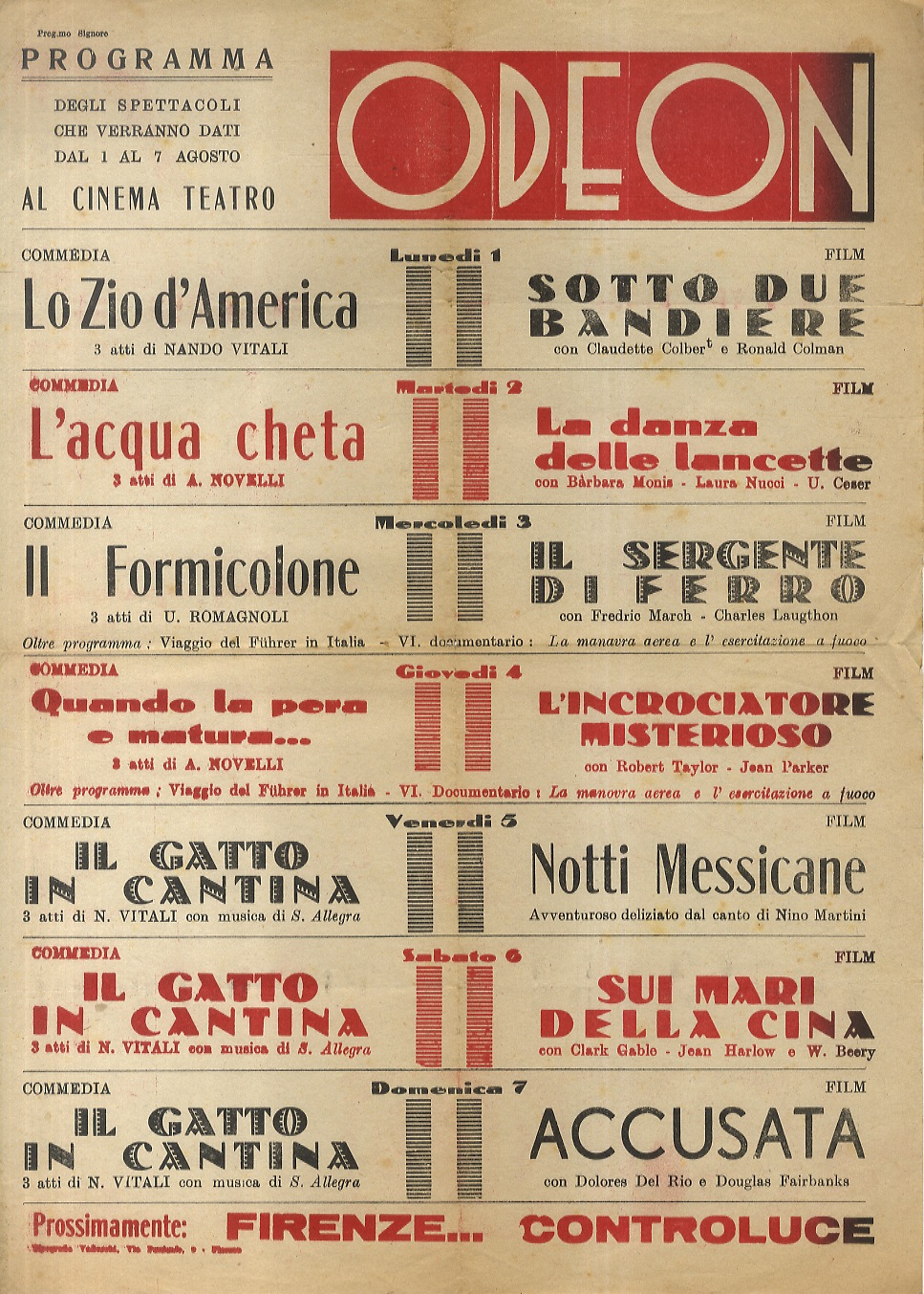 PROGRAMMA degli spettacoli che verranno dati dal 1 al 7 …