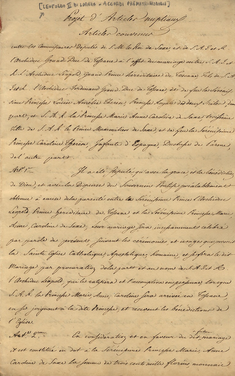 Projet d'Articles nuptiaux. Articles convenus.
