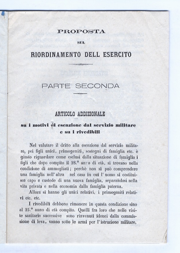 Proposta sul riordinamento dell'Esercito.