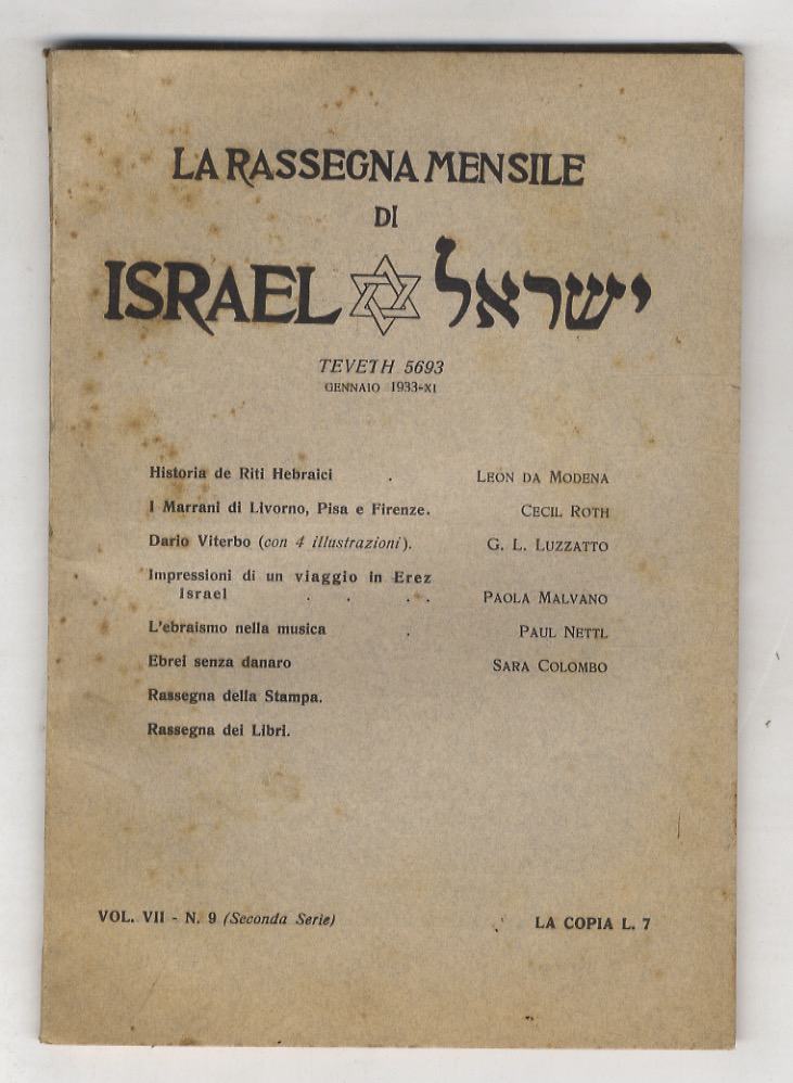 RASSEGNA (LA) mensile di Israel. Vol. VII., N. 9. Teveth …