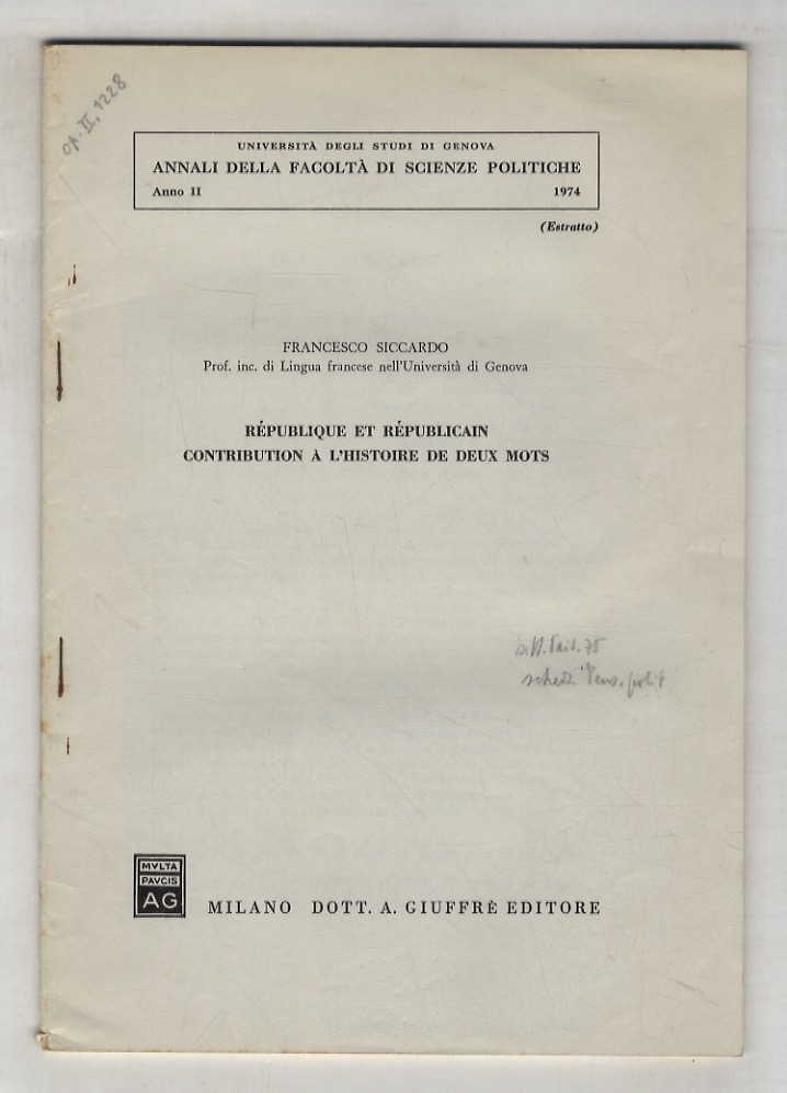 République et républicain; contribution à l'histoire de deux mots.
