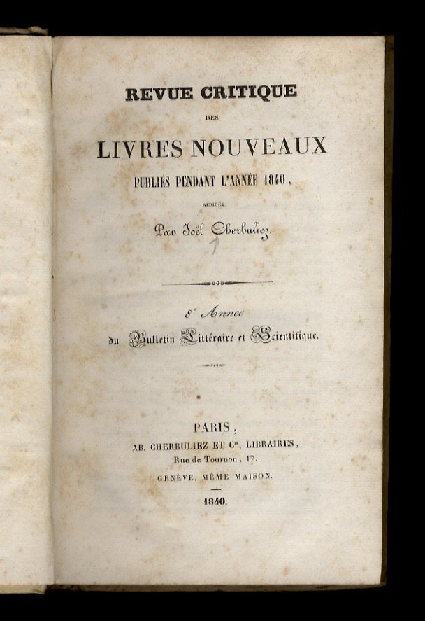 Revue critique des livres nouveaux publiés pendant l'année 1840. 8e …