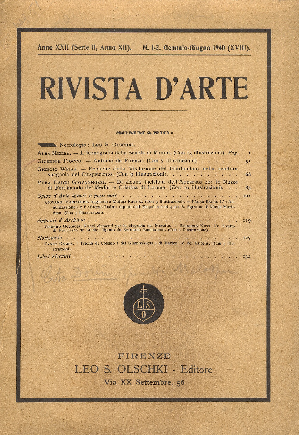 RIVISTA d'ARTE. Direttore G. Poggi. Anno XXII n. 1-2.