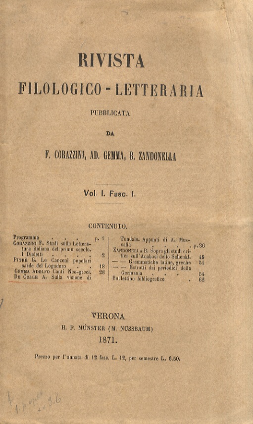 RIVISTA filologico-letteraria pubblicata da F. Corazzini, Ad. Gemma, B. Zandonella. …