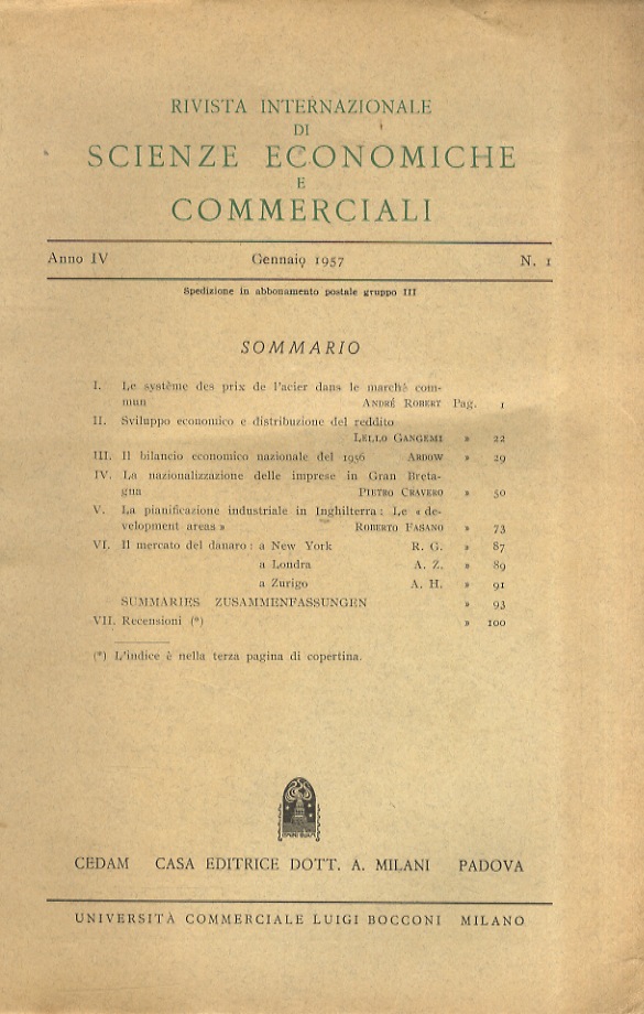 RIVISTA Internazionale di Scienze Economiche e Commerciali. Anno IV. 1957, …