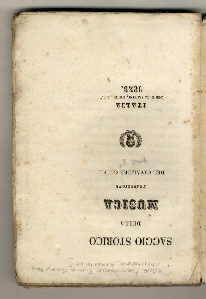Saggio storico della Musica. Traduzione del cavaliere C.F. Parte prima.