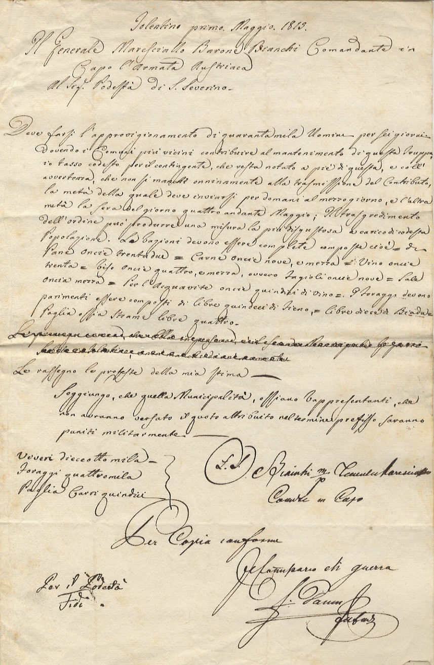 [SAN SEVERINO MARCHE, TOLENTINO, MURAT]. Lotto di 2 lettere: 1) …