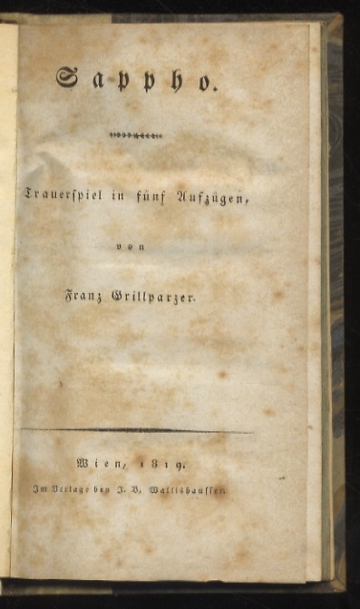 Sappho. Trauerspiel in fünf Aufzügen.