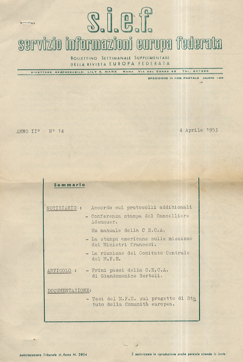 SIEF. Servizio Informazioni Europa Federata. Bollettino Settimanale Supplementare della rivista …