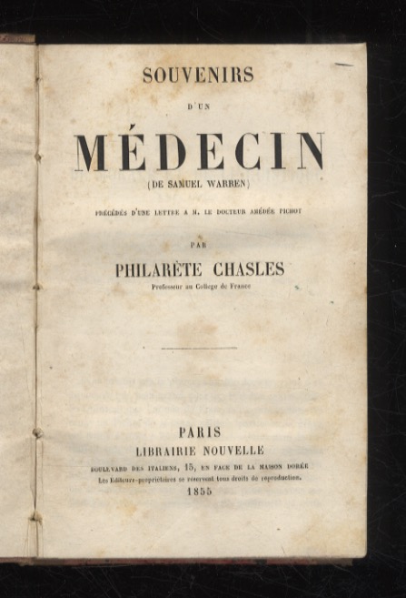 Souvenirs d'un médicin (de Samuel Warren), précédés d'uue lettre a …