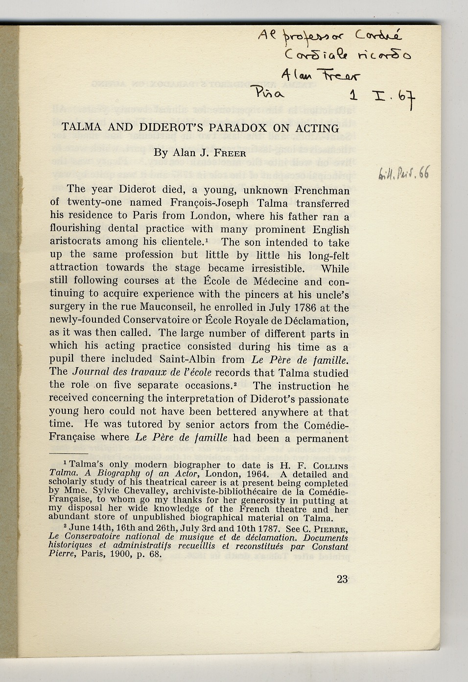 Talma and Diderot's paradox on acting.