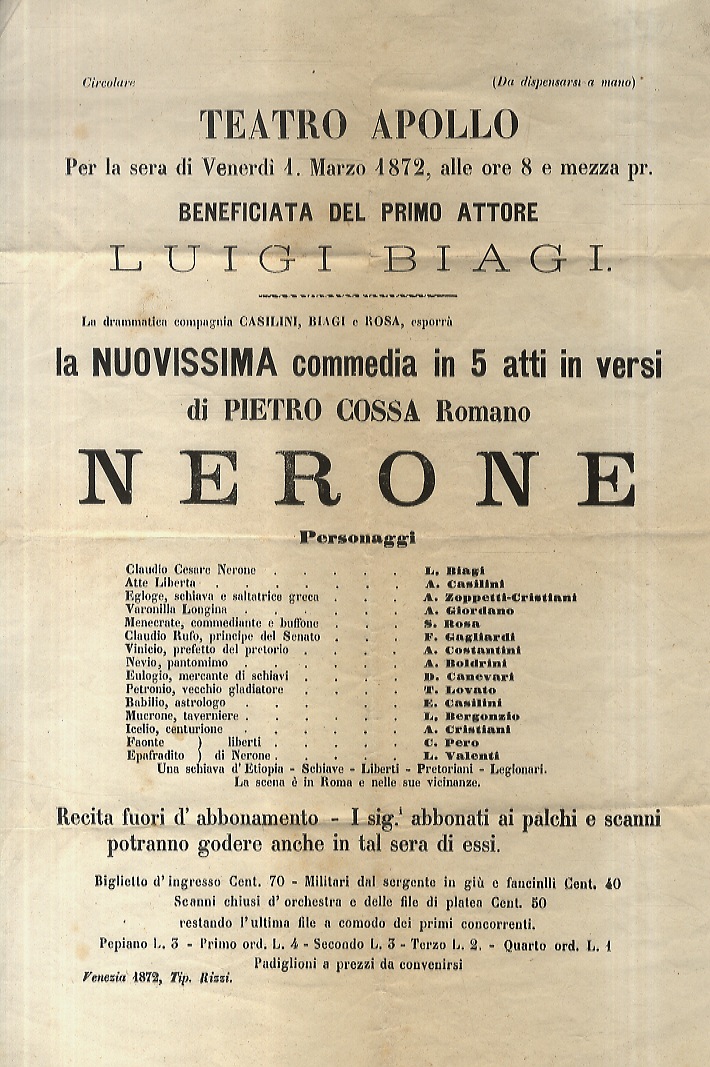 TEATRO Apollo. per la sera di venerdi 1 marzo 1872, …