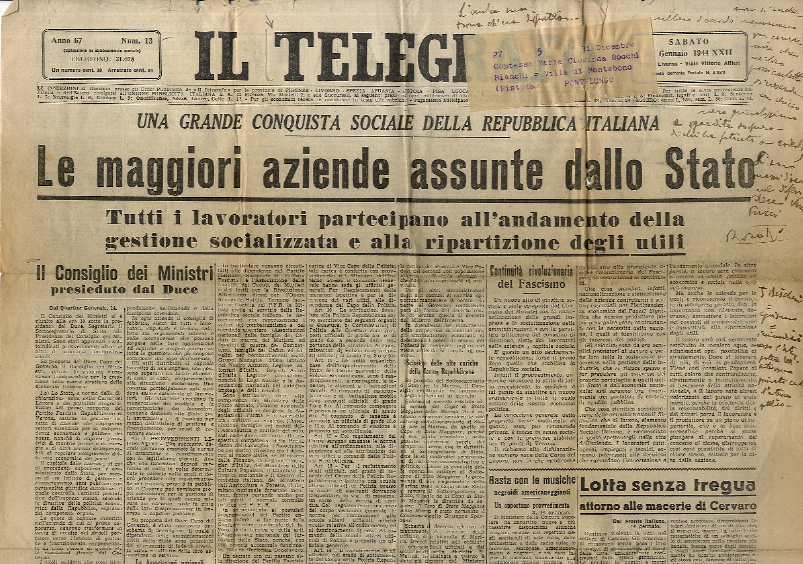 TELEGRAFO (IL). Anno 67. N. 13. Sabato 15 gennaio 1944.