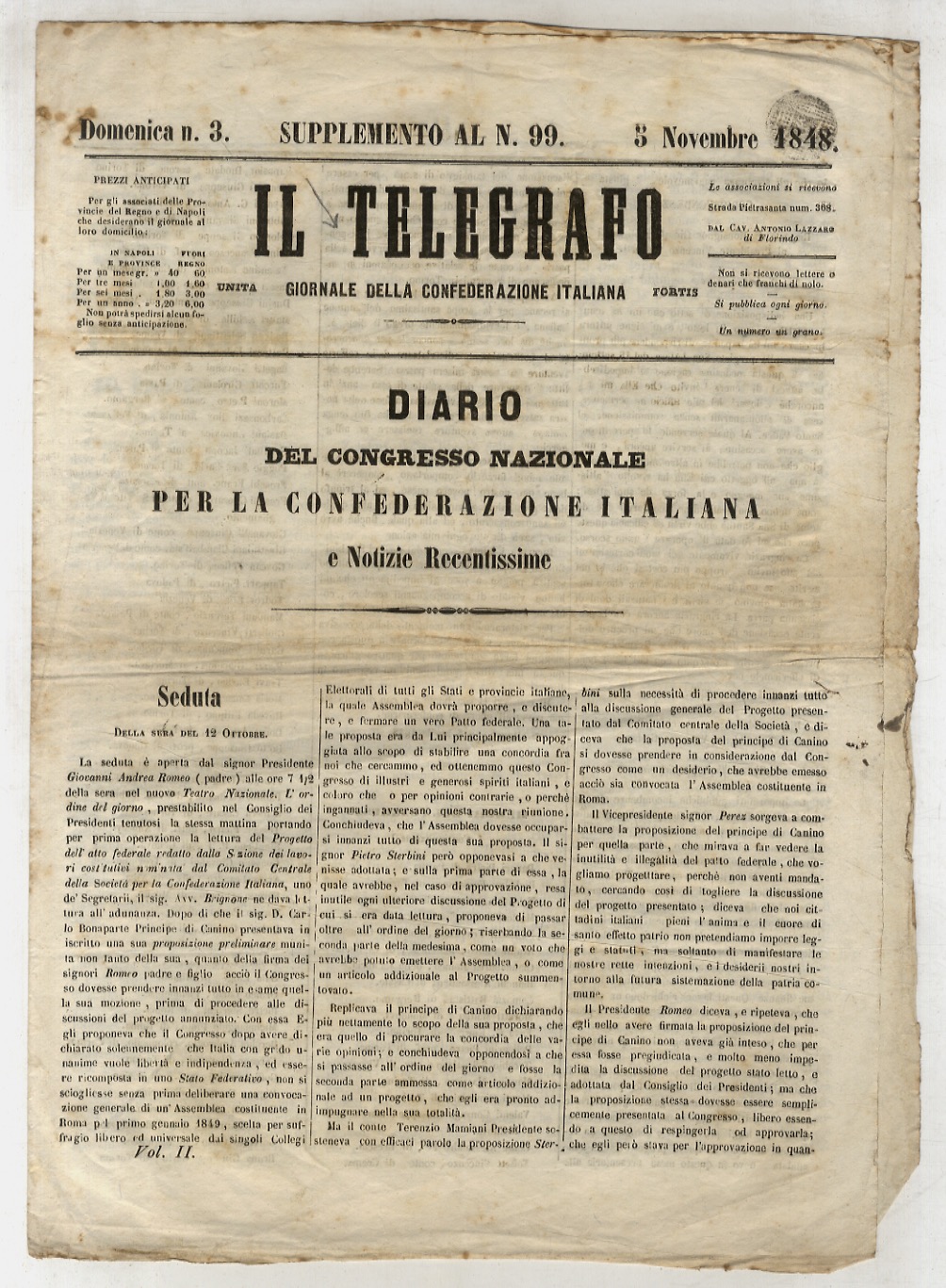 TELEGRAFO (IL). Giornale della Confederazione Italiana. Supplemento al n. 99, …