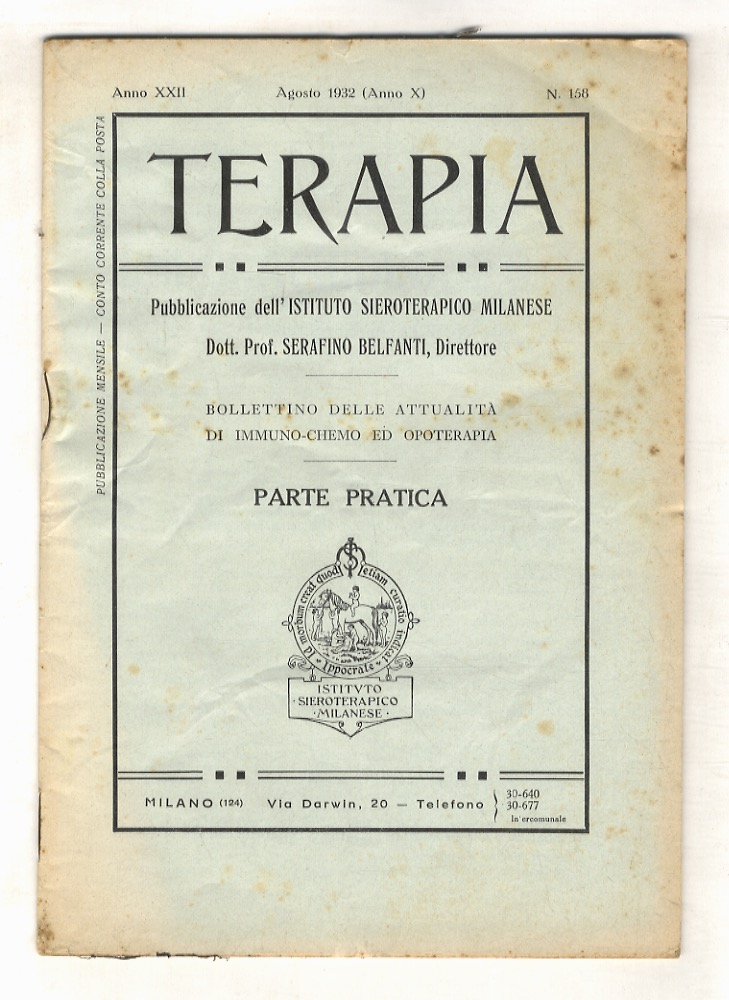 TERAPIA. Pubblicazione dell'Istituto Sieroterapico Milanese. Dott. Prof. Serafino Belfanti, direttore. …
