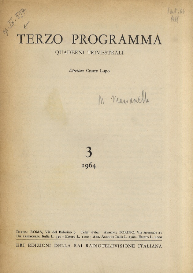 Terzo programma. Quaderni trimestrali. N. 3. 1964. Direttore Cesare Lupo.