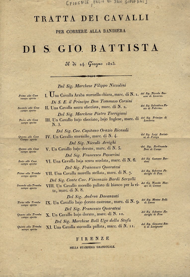 Tratta dei cavalli per correre alla bandiera di S. Gio. …