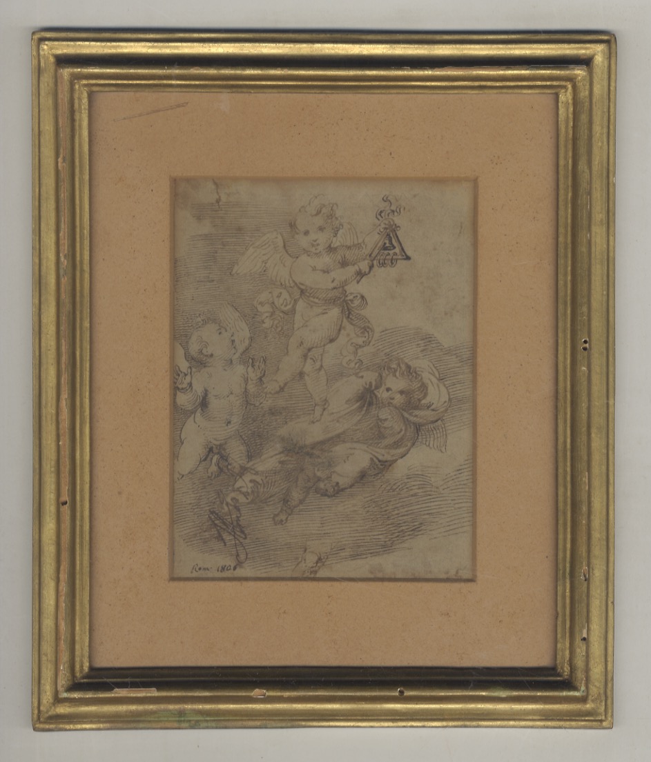 Tre putti alati volanti, uno dei quali suona un triangolo …