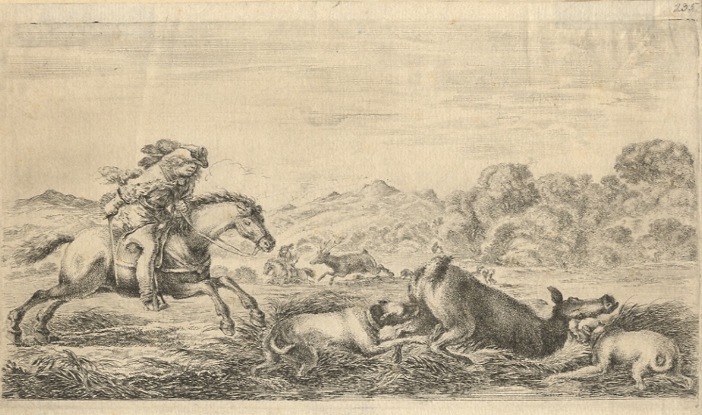 [Una cerva in una palude, fermata da due cani. A …